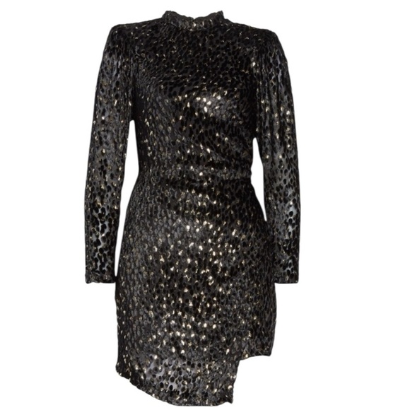 A.L.C. New Jane Velvet Long Sleeve Black Metallic Gold Mini Dress Size 14 - Picture 1 of 13